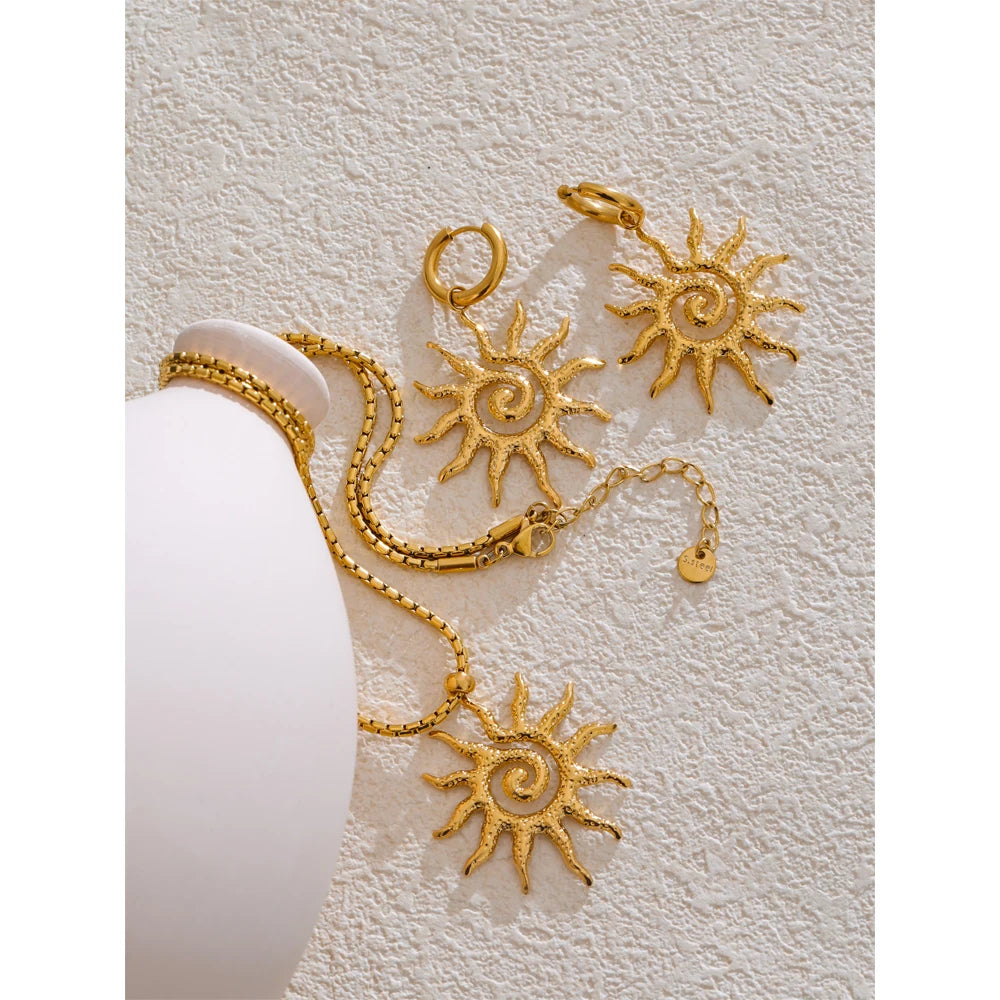 Stainless Steel Sun Drop Necklace & Hoop Earrings Set