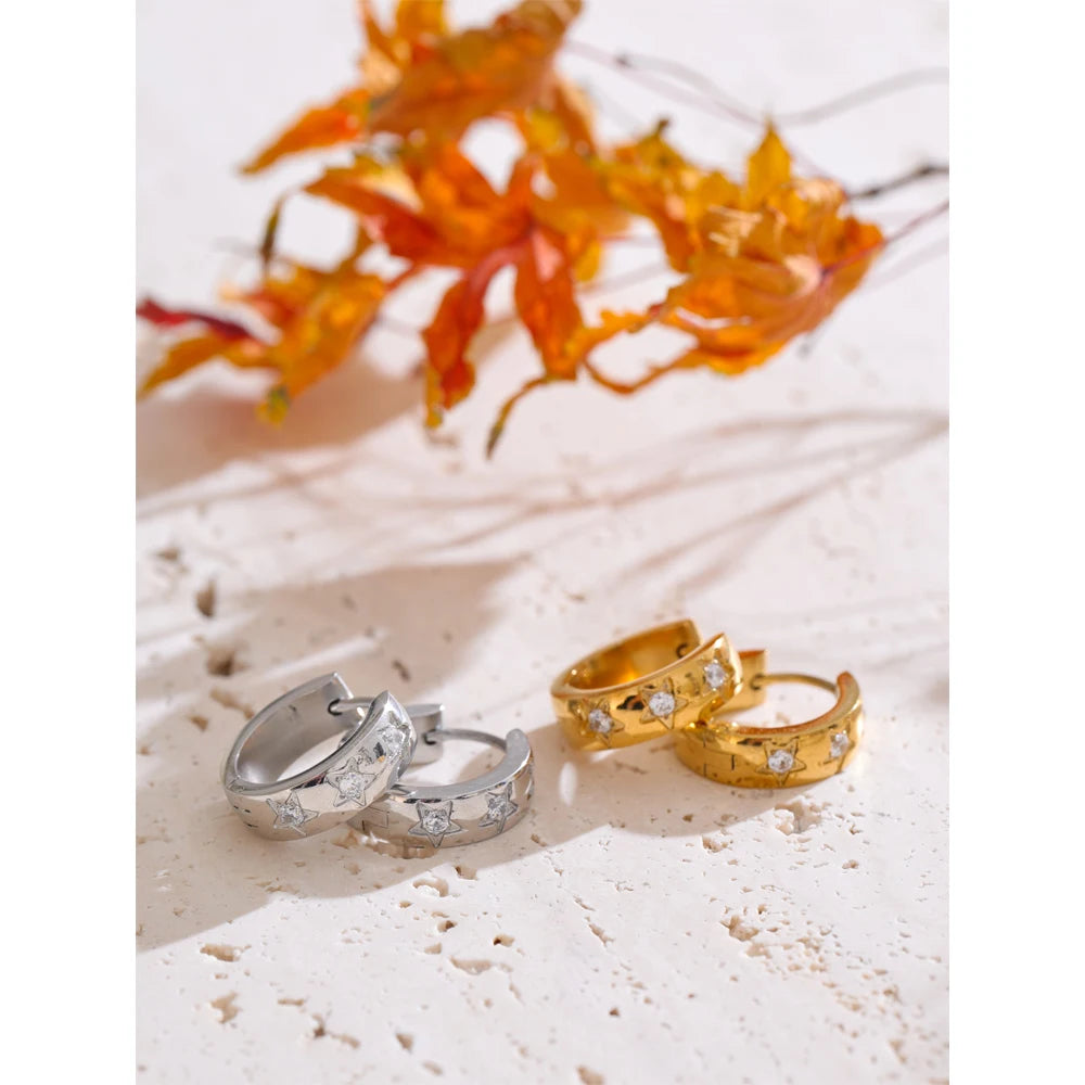 Zirconia Star Round Daily Hoop Earrings