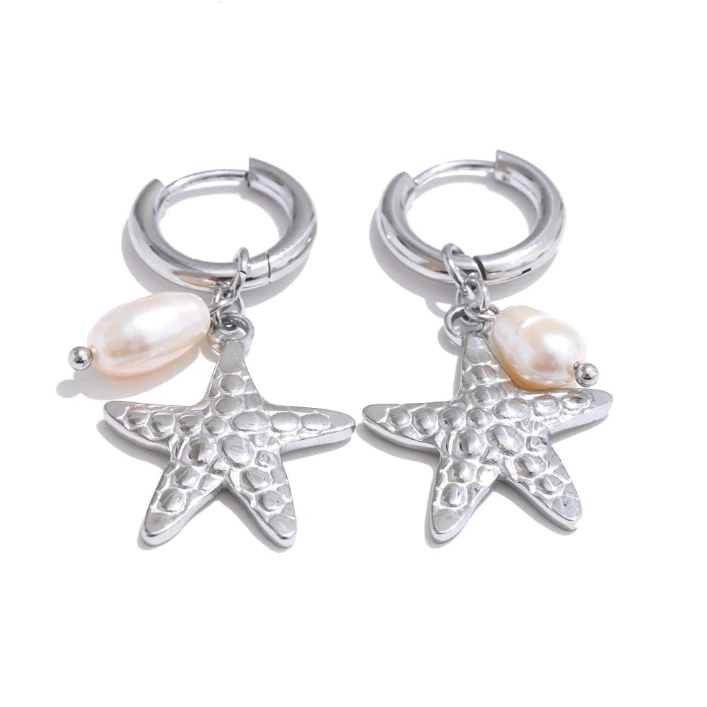 Ocean Style Natural Pearl & Conch Shell Starfish Drop Hoop Earrings
