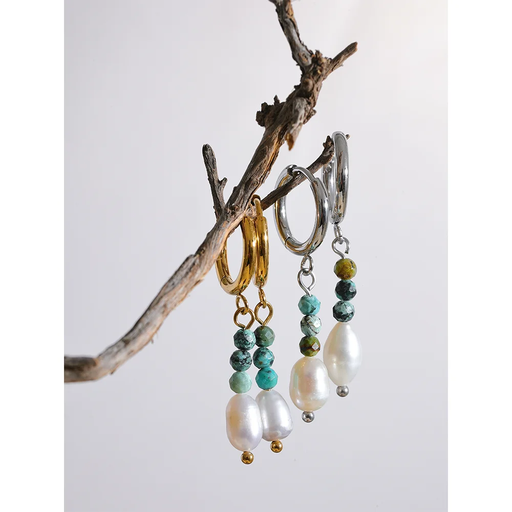 Natural Stone & Freshwater Pearl Drop Hoop Earrings