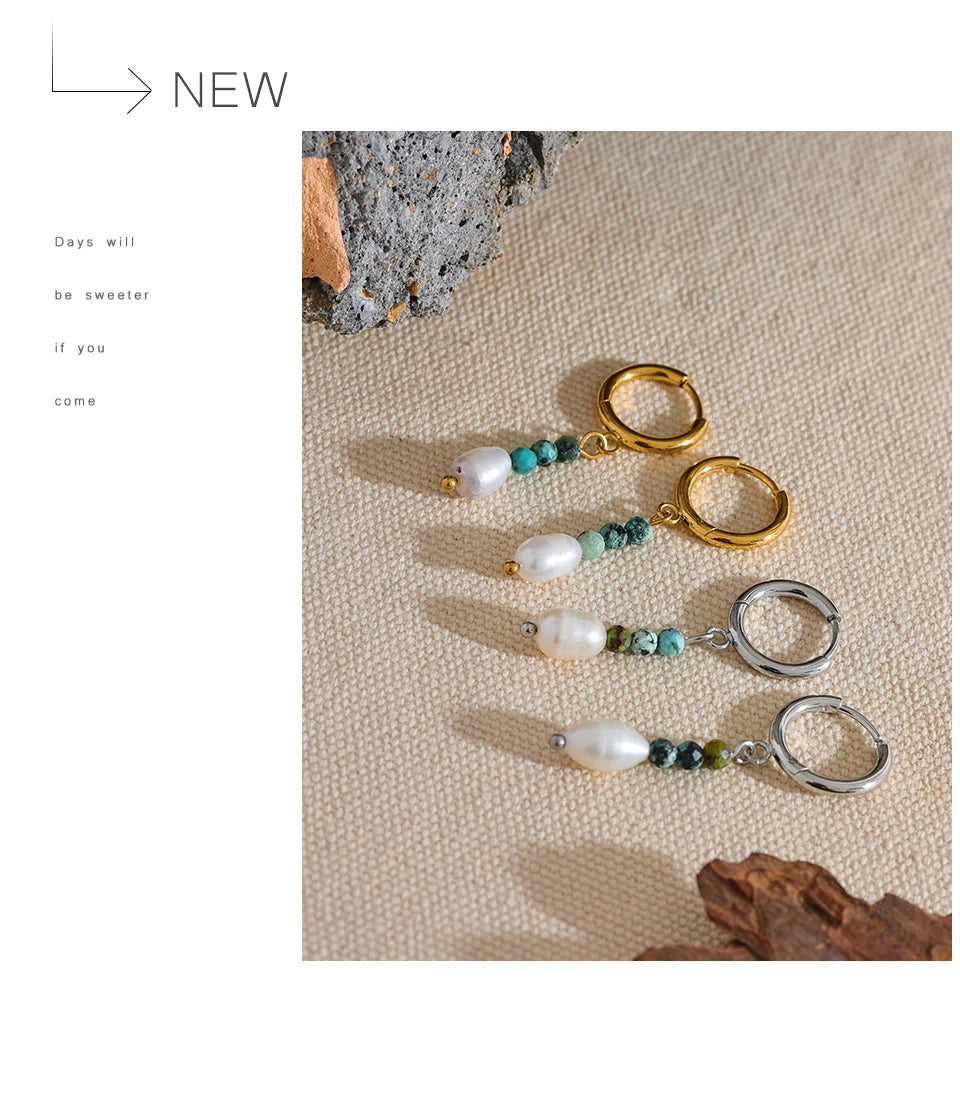 Natural Stone & Freshwater Pearl Drop Hoop Earrings