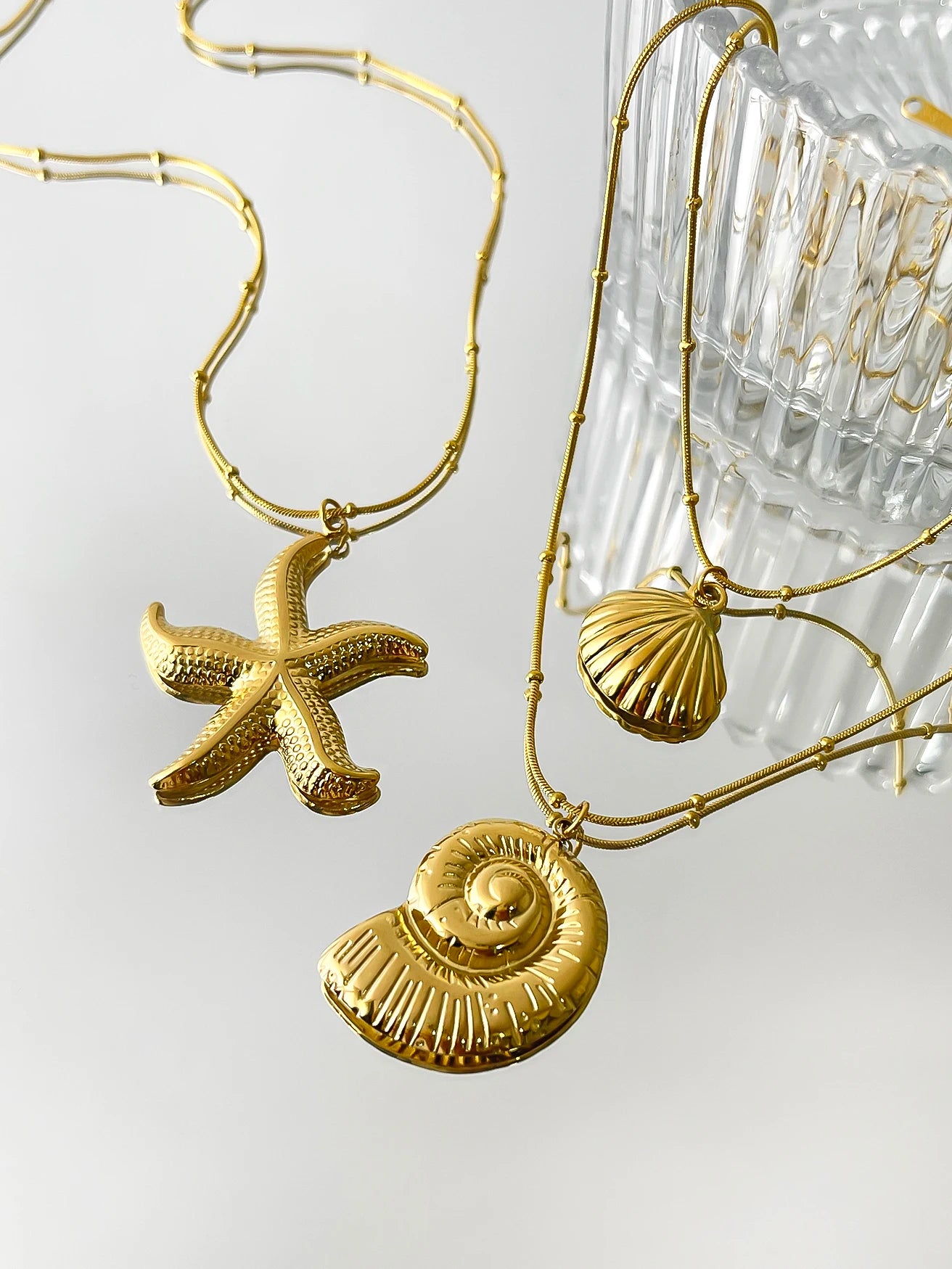 Minimalist Starfish, Conch & Scallop Pendant Necklace