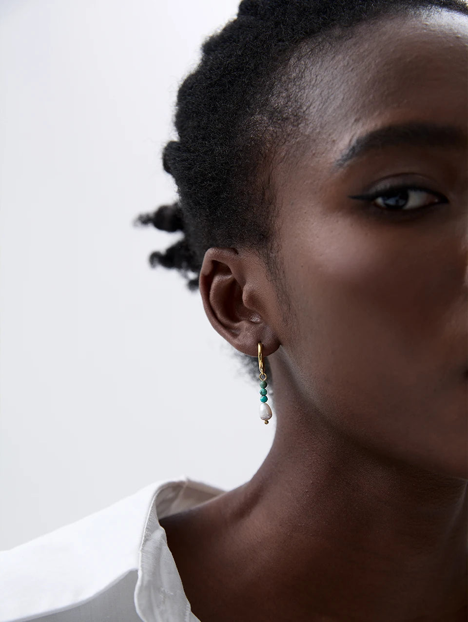 Natural Stone & Freshwater Pearl Drop Hoop Earrings