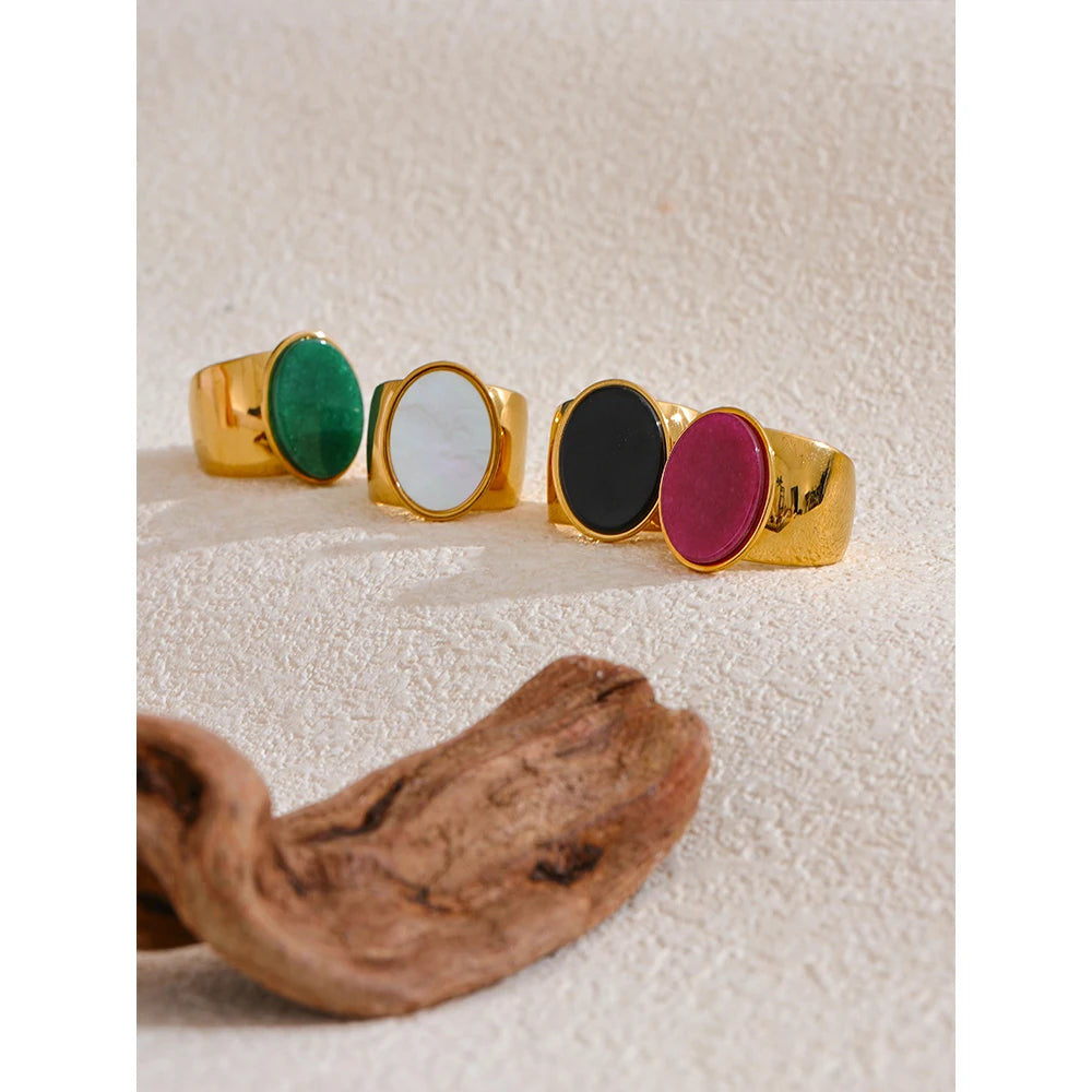 Stone Stainless Steel Gold Color Wide Ring