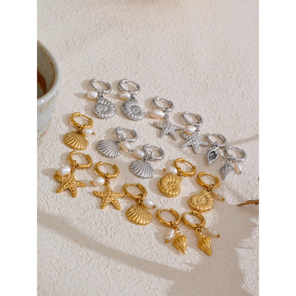 Ocean Style Natural Pearl & Conch Shell Starfish Drop Hoop Earrings