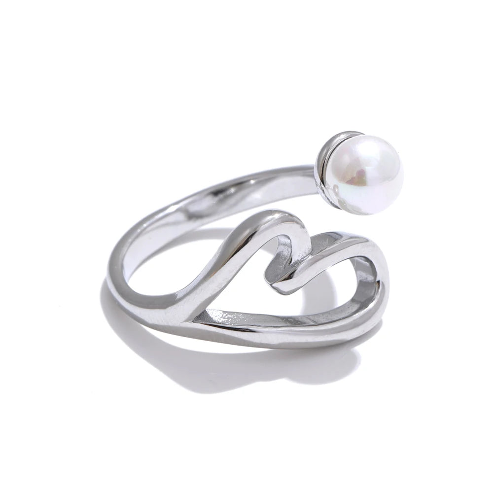 Hollow Heart Pearl Adjustable Ring