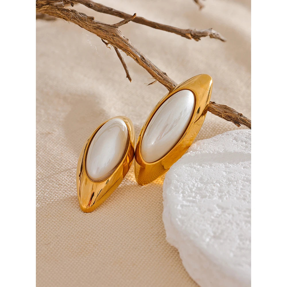 Elegant Oval Pearl Stud Earrings – Gold Stainless Steel Statement Jewelry