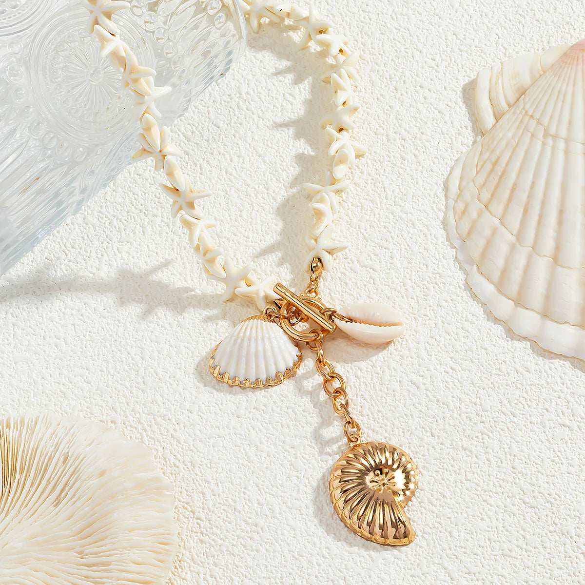Boho White Starfish & Conch Shell Pendant Necklace
