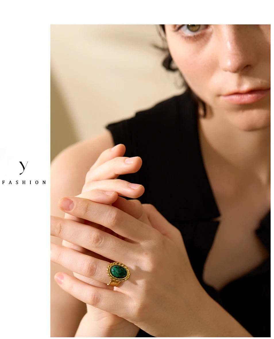 Wide Chunky Stainless Steel Ring with Inlaid Tiger Eye Stone