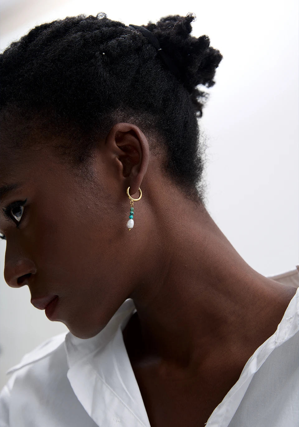 Natural Stone & Freshwater Pearl Drop Hoop Earrings