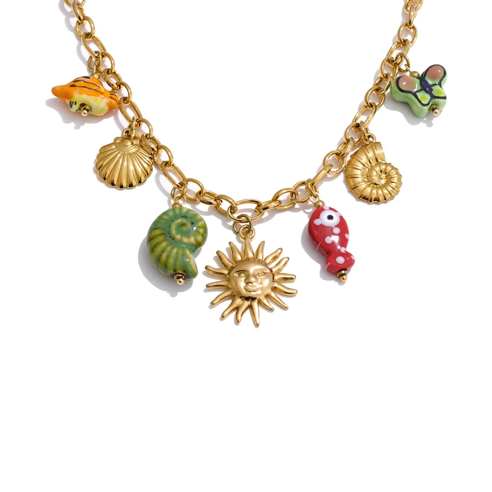 Ocean Style Ceramic Conch, Fish, Butterfly & Sun Drop Necklace