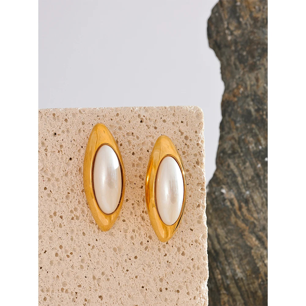 Elegant Oval Pearl Stud Earrings – Gold Stainless Steel Statement Jewelry