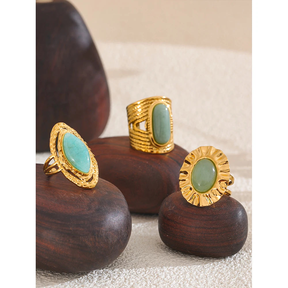 Green Natural Stone Fashion Open Ring