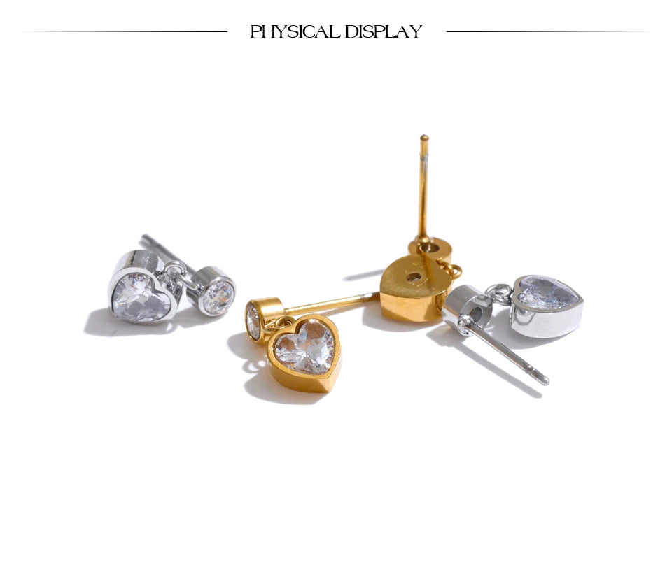 Waterproof Delicate CZ Heart Drop Earrings