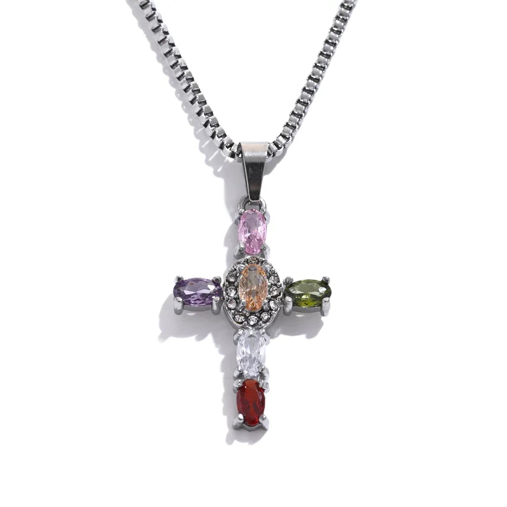 Delicate Colorful Bling Cubic Zirconia Cross Pendant Necklace