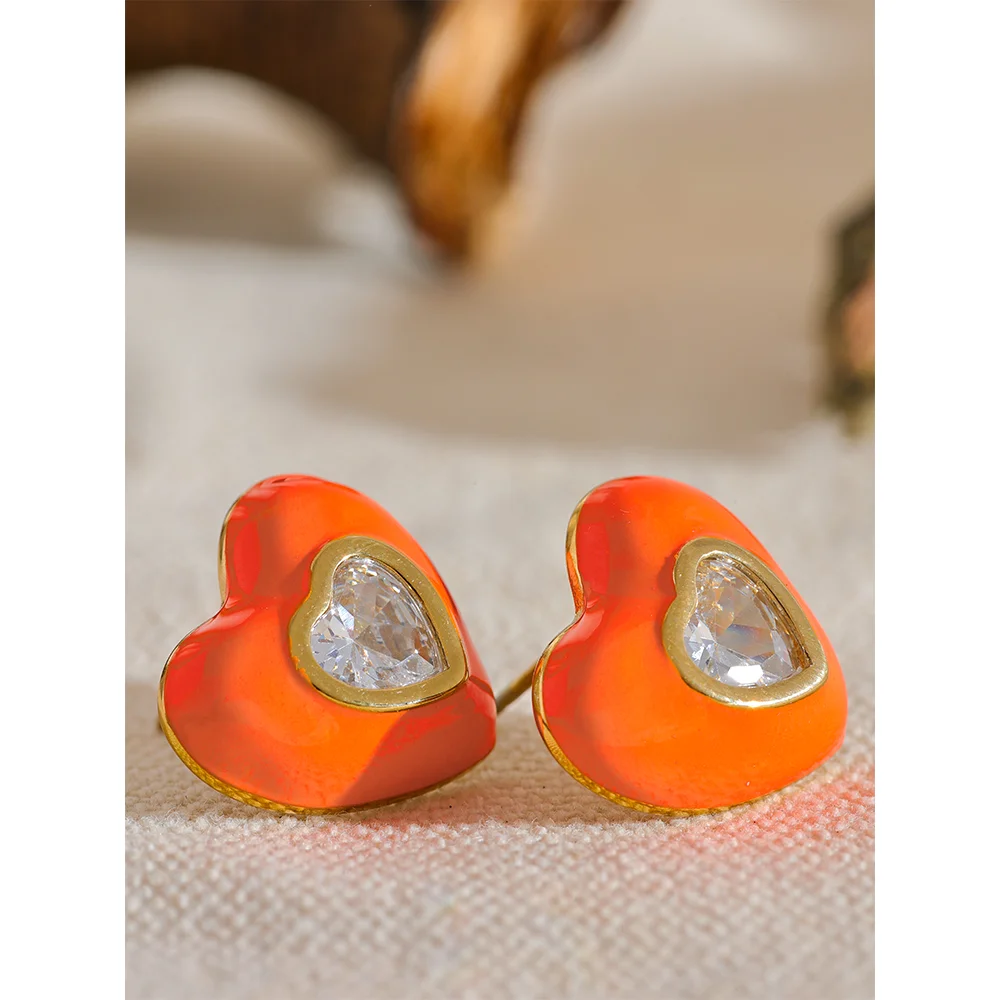 Enamel Shiny Cubic Zirconia Heart Stud Earrings
