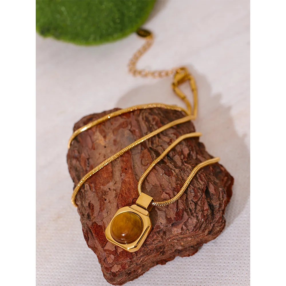 Tiger Stone Square Pendant Necklace