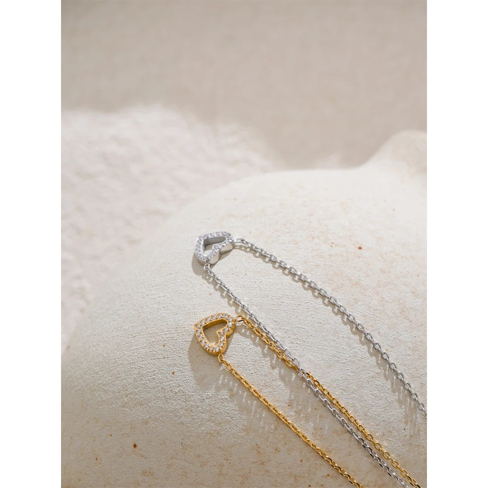 Korean Style Shiny Cubic Zirconia Hollow Heart Necklace