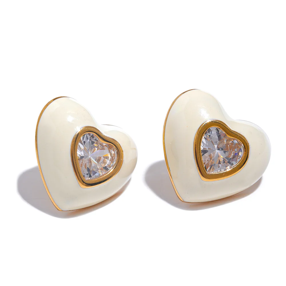 Enamel Shiny Cubic Zirconia Heart Stud Earrings