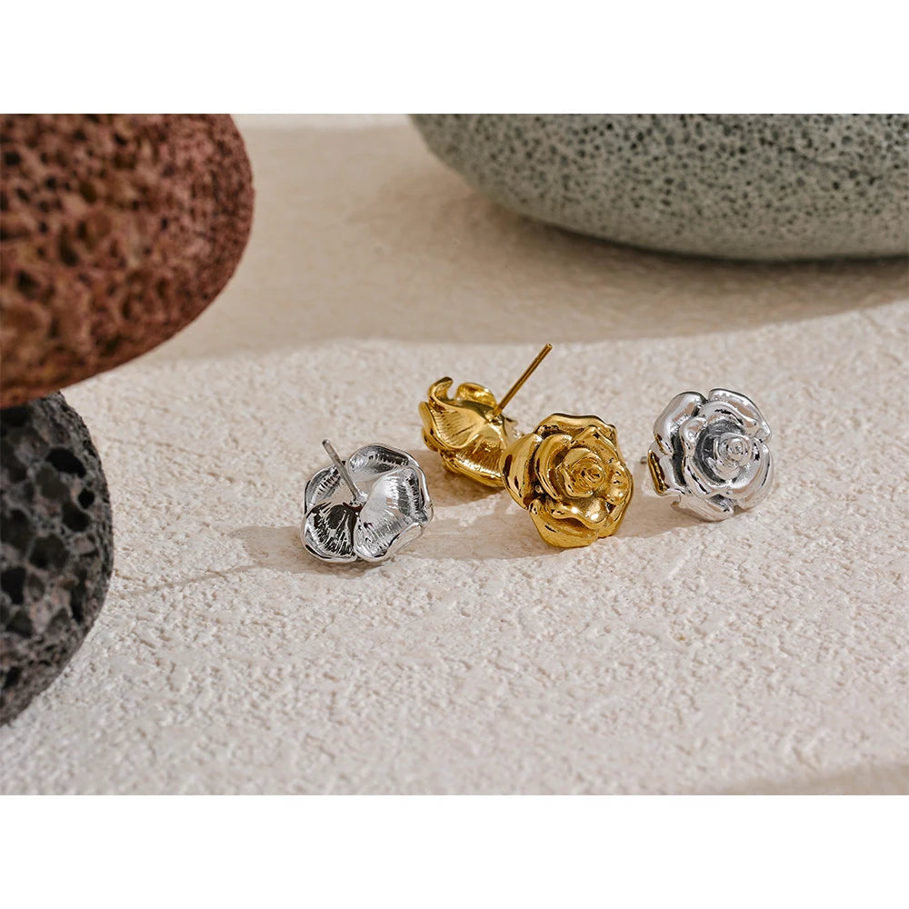 Gold Rose Flower Stud Earrings