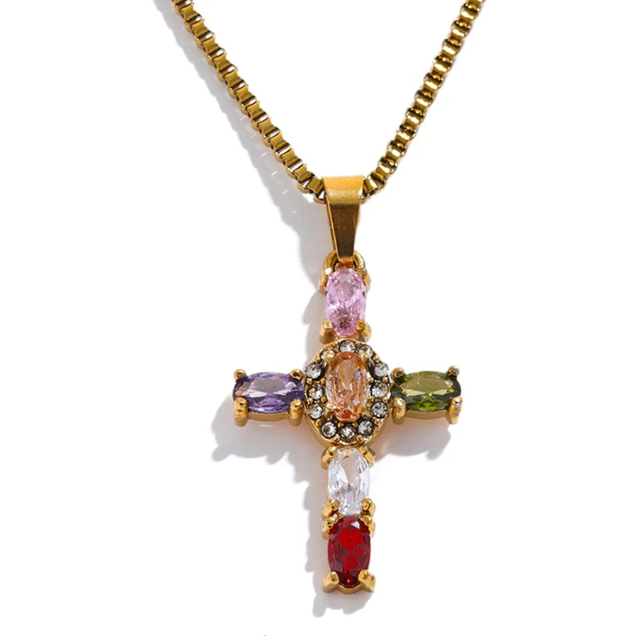 Delicate Colorful Bling Cubic Zirconia Cross Pendant Necklace