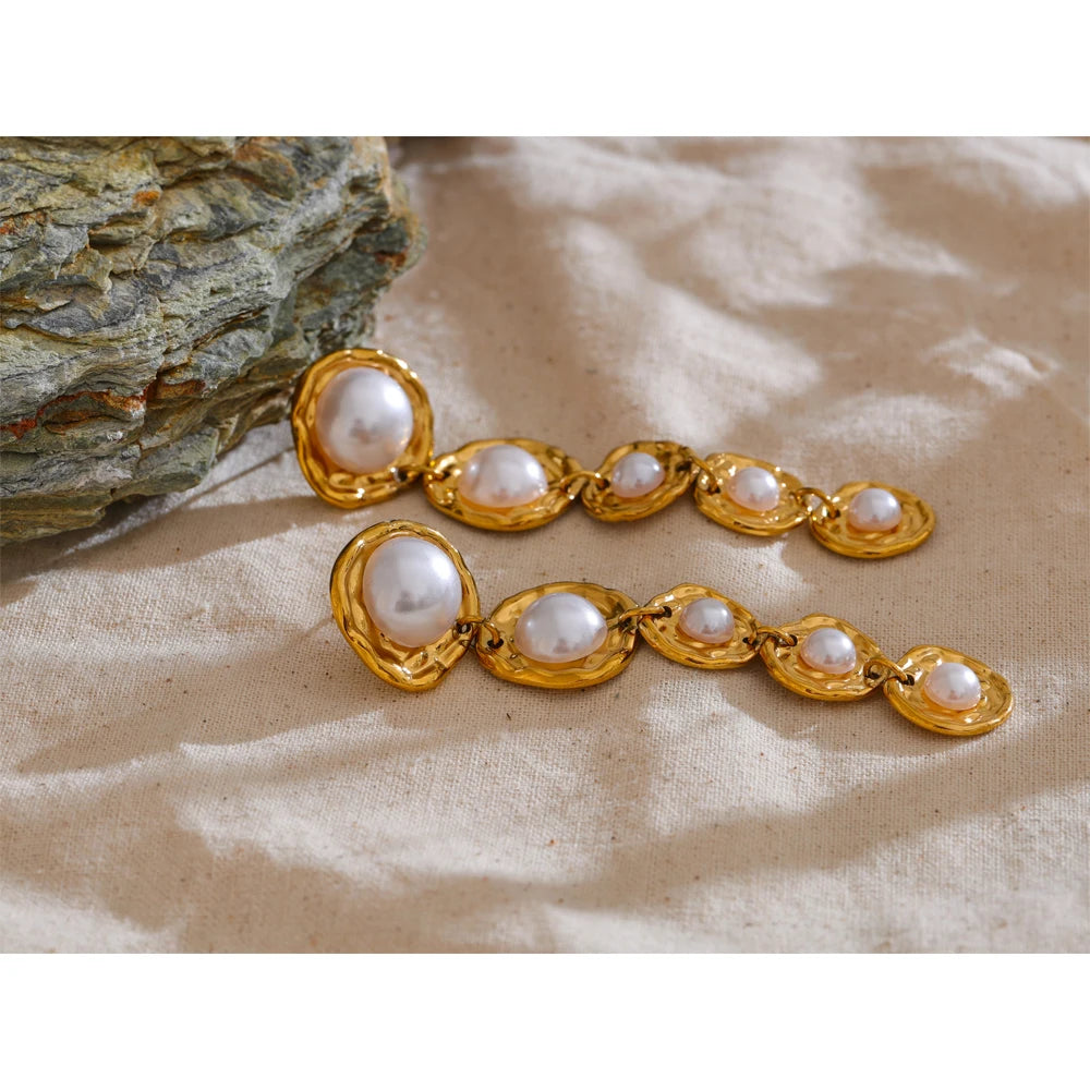 Pearls Golden Long Hanging Drop Earrings