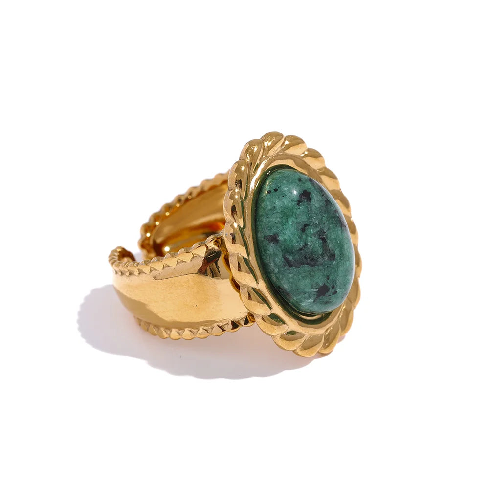 Wide Chunky Stainless Steel Ring with Inlaid Tiger Eye Stone