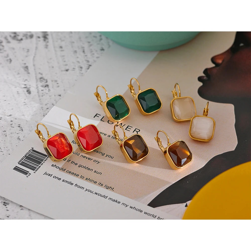 Vintage Charm Square Opal Stone French Hook Earrings
