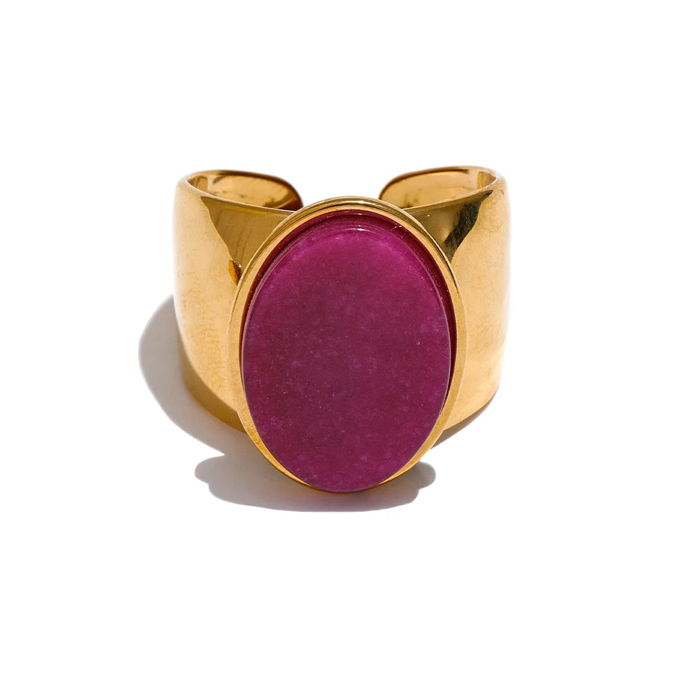Stone Stainless Steel Gold Color Wide Ring