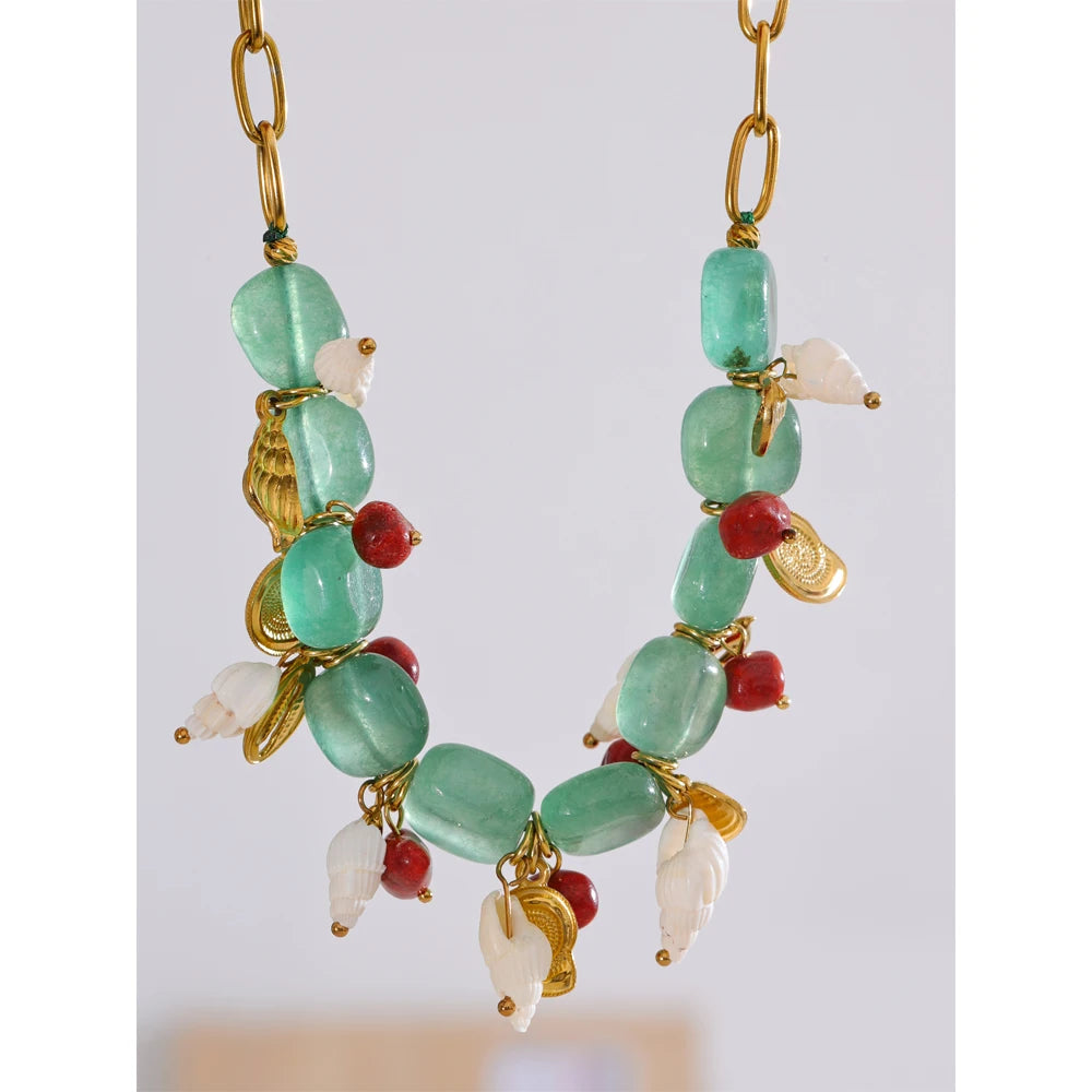 Handmade Green Natural Stone & Conch Shell Drop Necklace