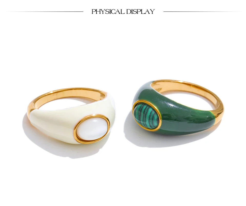 White & Green Enamel Malachite Shell Fashion Ring