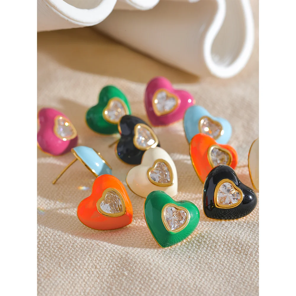 Enamel Shiny Cubic Zirconia Heart Stud Earrings