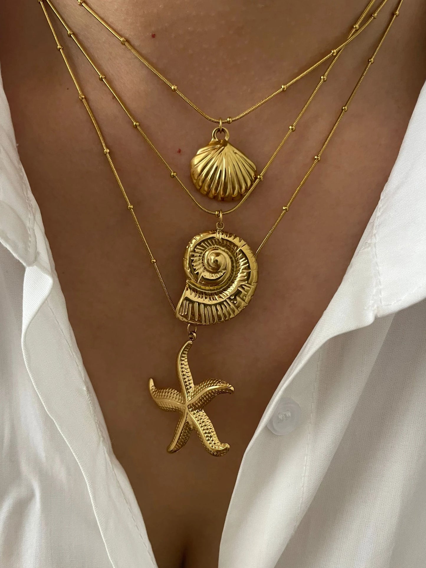 Minimalist Starfish, Conch & Scallop Pendant Necklace