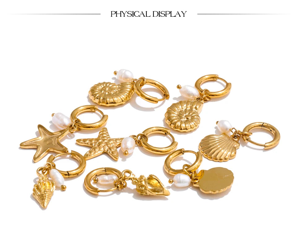 Ocean Style Natural Pearl & Conch Shell Starfish Drop Hoop Earrings
