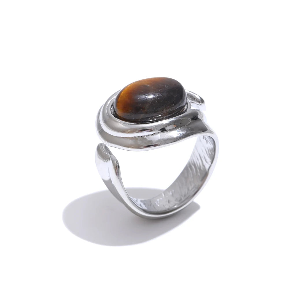 Natural Tiger Stone Stainless Steel Ring