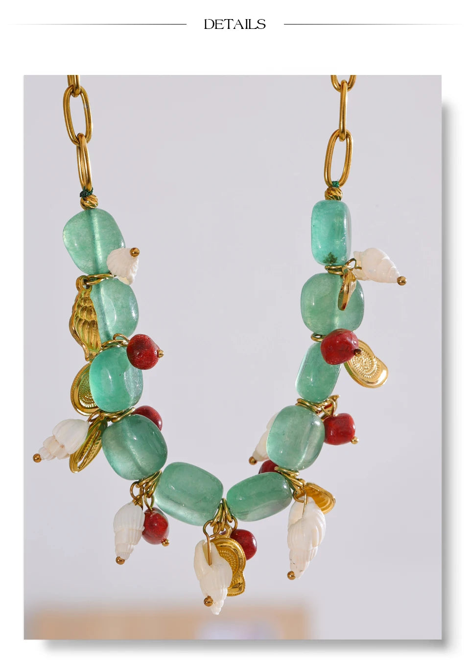 Handmade Green Natural Stone & Conch Shell Drop Necklace