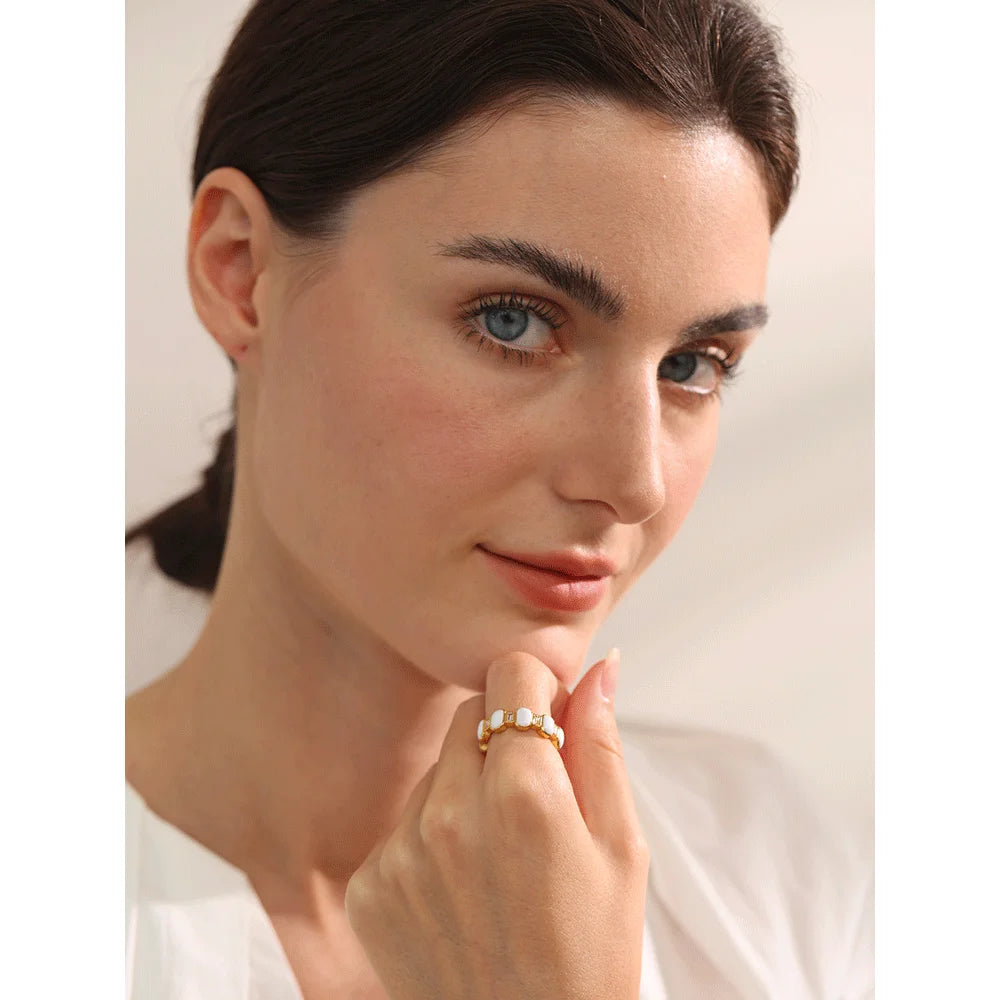 White Enamel Cubic Zircon Gold Ring