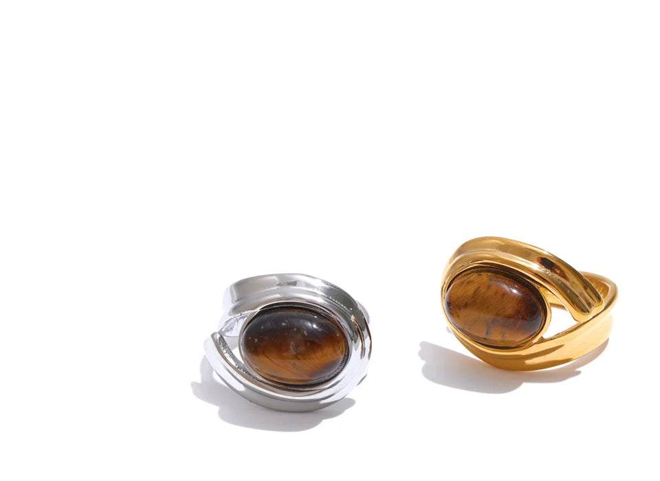 Natural Tiger Stone Stainless Steel Ring