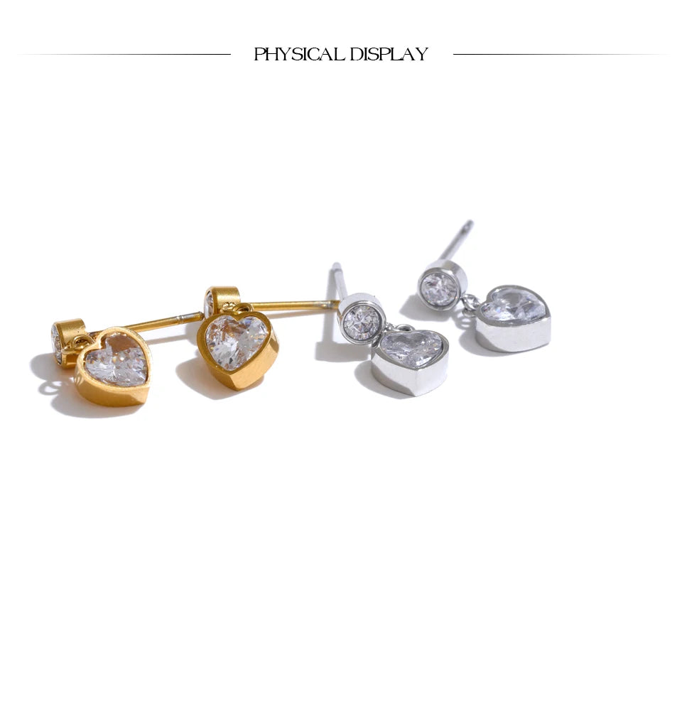 Waterproof Delicate CZ Heart Drop Earrings