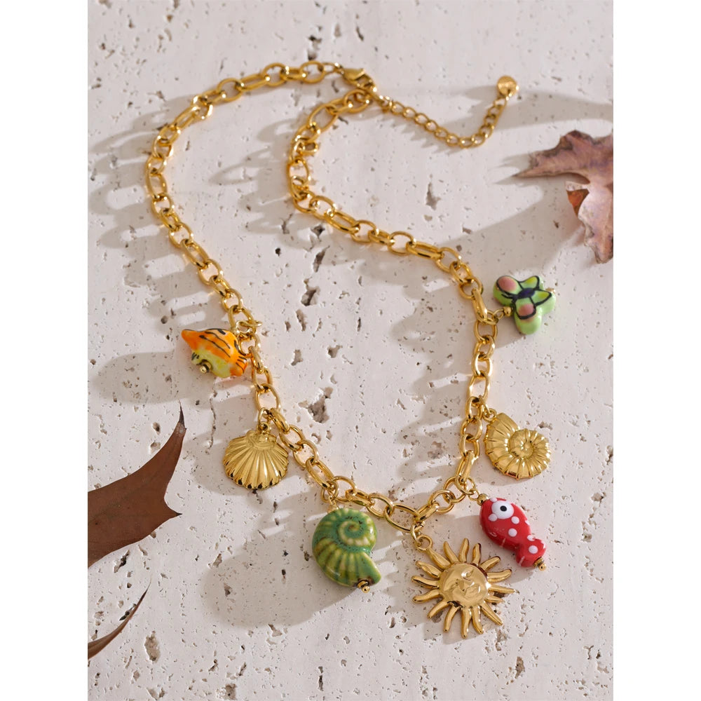 Ocean Style Ceramic Conch, Fish, Butterfly & Sun Drop Necklace