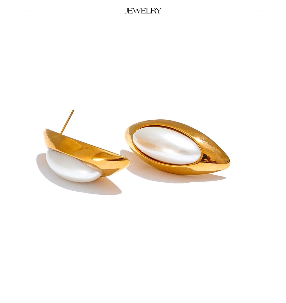 Elegant Oval Pearl Stud Earrings – Gold Stainless Steel Statement Jewelry