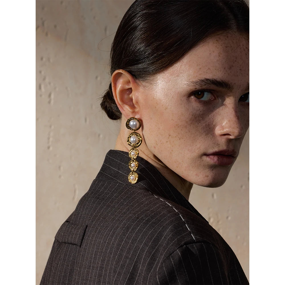 Pearls Golden Long Hanging Drop Earrings