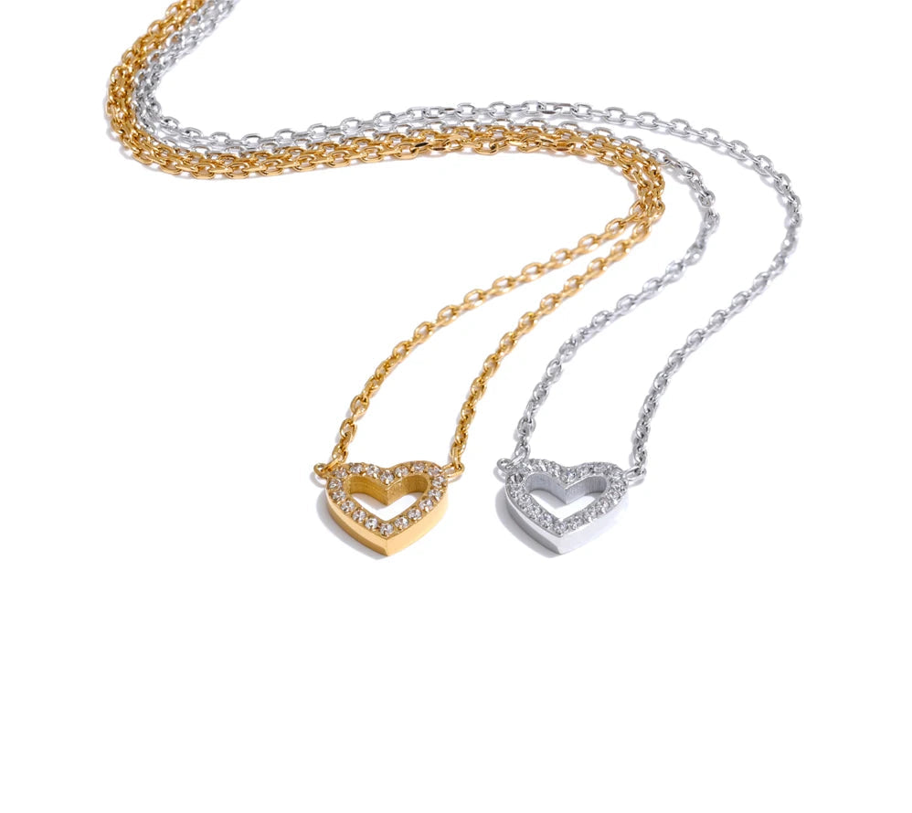 Korean Style Shiny Cubic Zirconia Hollow Heart Necklace