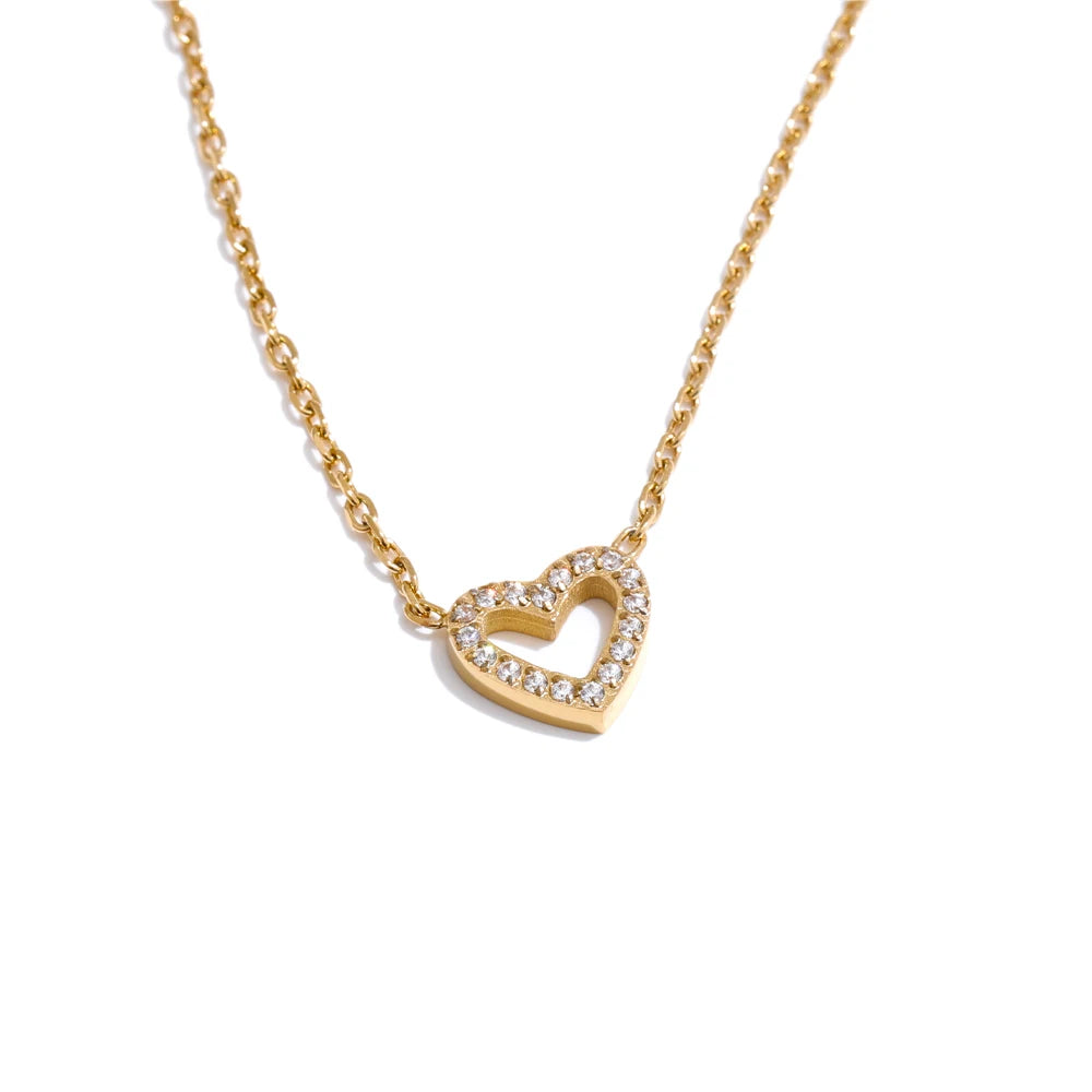 Korean Style Shiny Cubic Zirconia Hollow Heart Necklace