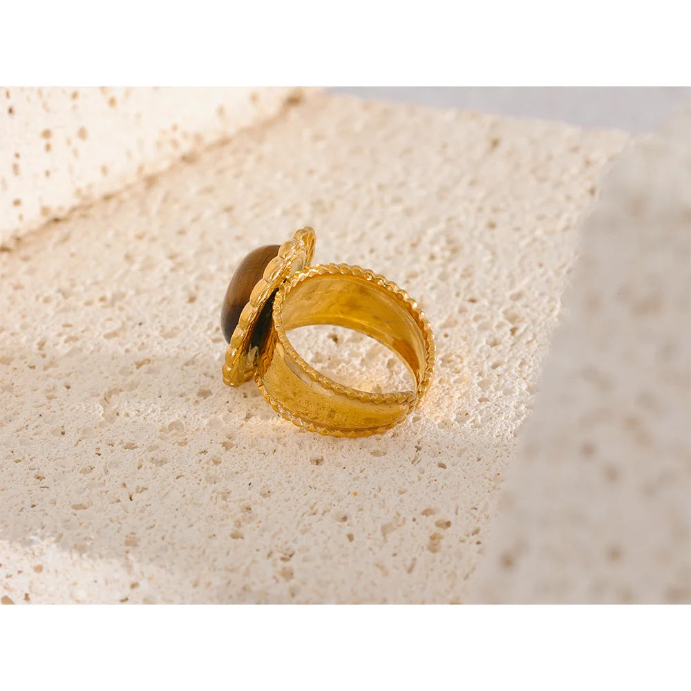 Wide Chunky Stainless Steel Ring with Inlaid Tiger Eye Stone