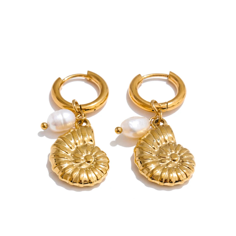 Ocean Style Natural Pearl & Conch Shell Starfish Drop Hoop Earrings