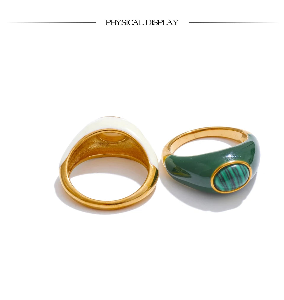 White & Green Enamel Malachite Shell Fashion Ring