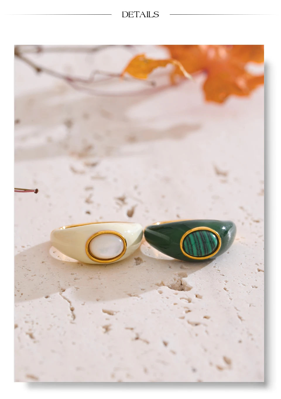 White & Green Enamel Malachite Shell Fashion Ring