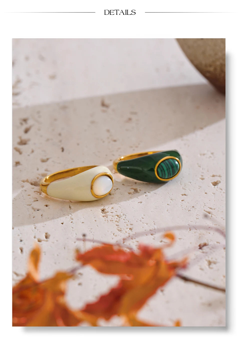 White & Green Enamel Malachite Shell Fashion Ring