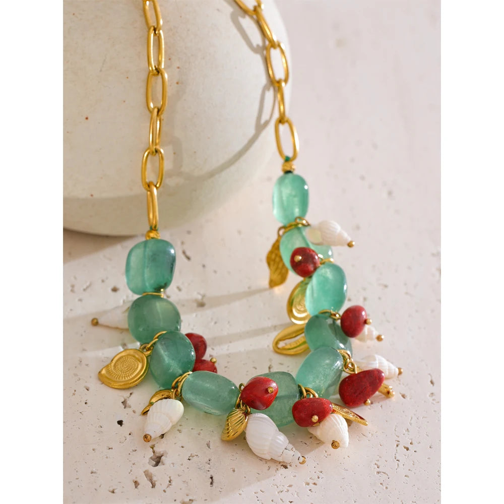 Handmade Green Natural Stone & Conch Shell Drop Necklace